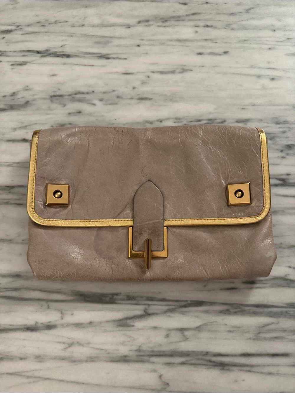 Michael Kors Taupe Leather Clutch with Gold Trim - Vintage